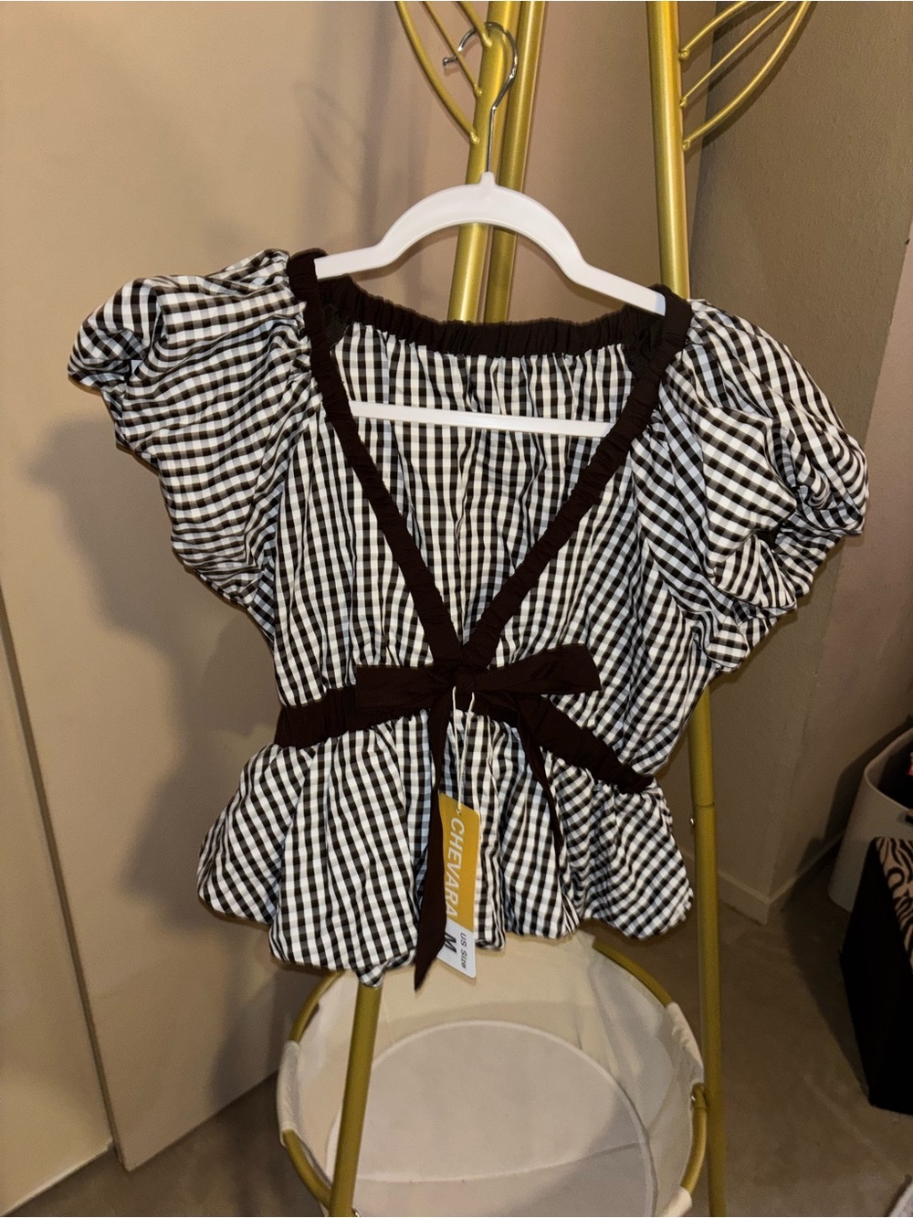Brown & White Gingham Puff Sleeve Peplum Top